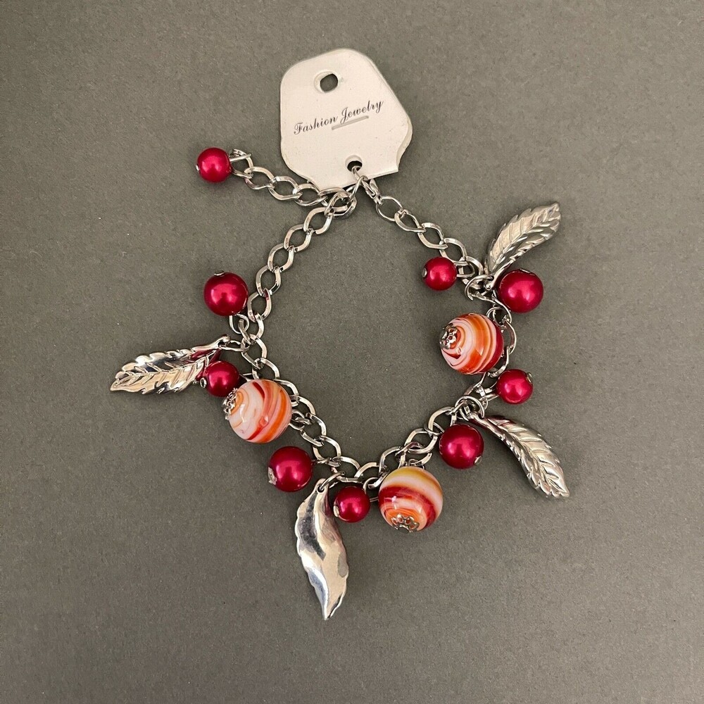 Silver-tone Chains Leaves Charm Red White Women's Fashion Bracelet NWT